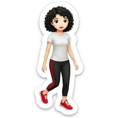 generate a pretty bratz fair skinned girl with curly black hair wearing a white tshirt trekking on a hill road with red sneakers on and black leggings.  Put a hill behind her sticker