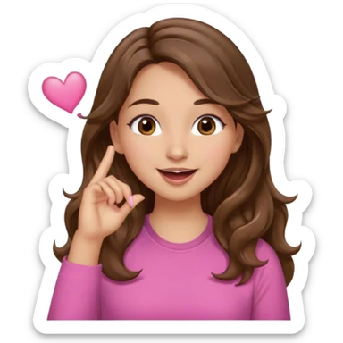 girl with long wavy brown hair, brown eyes, light to medium complexion, in a pink shirt, long lashes, blowing a kiss sticker