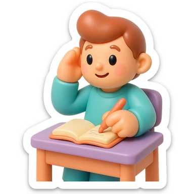 beginner author, sitting at a desk with a notebook, looking inspired and imaginative sticker