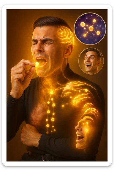 "Man taking simple sugar tablet believing it's powerful medicine, golden healing light emanating from pill as it dissolves, his chronic pain visibly dissolving as relief spreads across his face, expression transforming from suffering to amazement, brain chemistry changing through pure belief, microscopic view showing endorphins releasing purely from expectation, body healing itself through mind's conviction" sticker