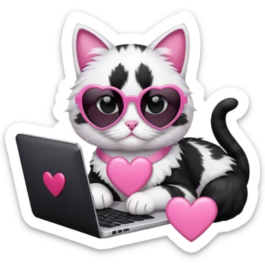 Black and white cat with pink ribbon and black cool sunglasses doing pink computer with pink heart sticker