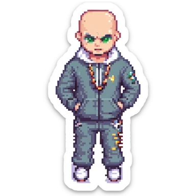 Pixel art thug in tracksuit, holding chain in Hand, bald head, angry expression, side view, retro arcade sprite
 sticker