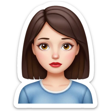 “Emoji brunette girl white top, dewy skin, heavy blush across cheeks and nose bridge, glossy cherry lips, soft eyeliner, teary sparkling eyes like hanni from new jeans sticker