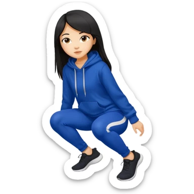 A pretty white/asian tanned girl with medium long strait dark brown almost black hair wearing a royal blue hoodie and black leggings  sticker