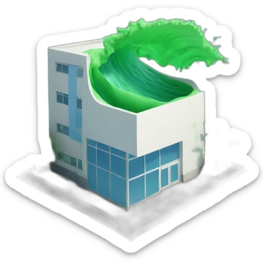 Green tsunami wave covering a blue medical clinic. There is a piece of paper falling from sky. There is a big ladybug above the clinic sticker