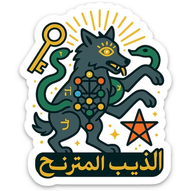 icon-style logo for 'الذيب المترنح' with central staggering wolf, one paw raised, key in mouth, serpent coiled around body symbolizing Gnosticism, Tree of Life integrated into wolf's silhouette representing Kabbalah, glowing third eye on forehead for Hermetic philosophy, small pentagram at feet for occult science, colors gold silver bright blue green red orange with high contrast glowing shiny effects, wolf surrounded by radiant aura, subtle Hebrew letters and esoteric symbols, clean precise lines balanced composition vector-friendly for all sizes and backgrounds sticker