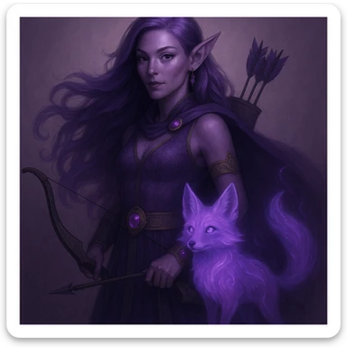 Add a magical pet companion, such as a glowing spirit fox or small dragon, beside the purple fantasy elf archer. Keep the fantasy theme and color harmony in a style consistent with the original image. sticker