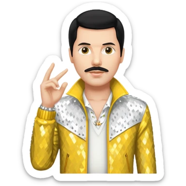Freddie Mercury with black hair, white sequin shirt, yellow sequin jacket sticker