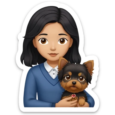 A couple holding holding a small Yorkshire Terrier together. The girl is an Asian girl with long, luscious wavy black hair (loose, no hair tie). She is standing beside a brown-skinned man with a short middle part haircut.  sticker