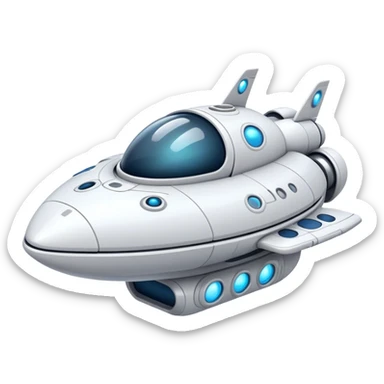 Design a simple, semi-realistic spaceship with a clean and minimalistic design. The ship should have a smooth, rounded shape with a few subtle mechanical details, like small thrusters or panels, but avoid overly complex or advanced features. Add a 'face' to the front of the ship using basic shapes, such as two circular lights for 'eyes' and a curved line or pattern for a 'smile,' giving it a friendly and approachable personality. The design should feel functional yet charming, as if the ship has its own character or consciousness. Use a plain, transparent background with no additional elements, focusing entirely on the ship. The lighting should be soft and even, highlighting the ship's 'face' and overall design. sticker