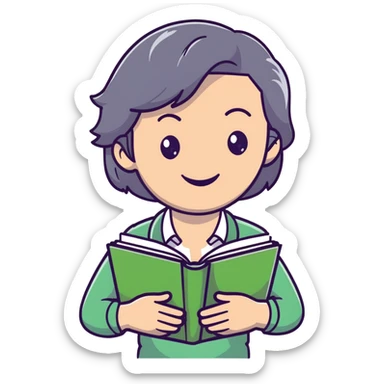 smiling English teacher with airtouch hair and grey-green eyes holding books and teaching materials sticker