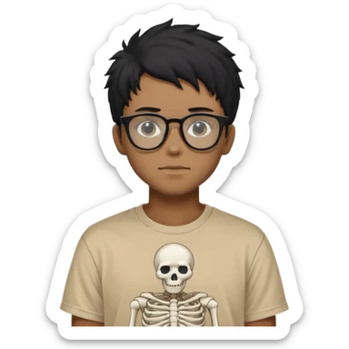 black anime hair guy with skeleton makeup wearing a stussy tshirt with glasses sticker