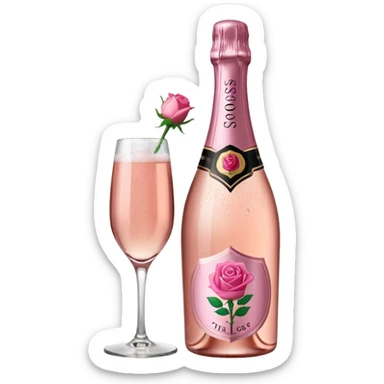 bottle of sparkling rose champagne tilted up and to the right, with a rose logo sticker