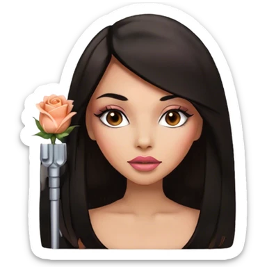 Glamours, medium skin tone, very beautiful girl, with big pump peach-beige-rose lips, long long lashes, black straight smooth silky long hair, straight parting hair, brown eyes sticker