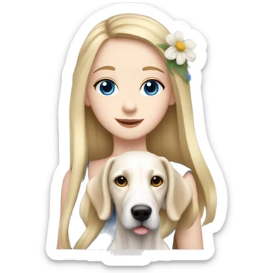 pale skin girl with blue eyes with long blonde hair that has a flower in her hair  holding a English pointer mixed with a lab dog breed the dog also has a flower in its hair sticker