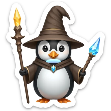 cute penguin dressed as a wizard with a pointy hat and a magic staff sticker