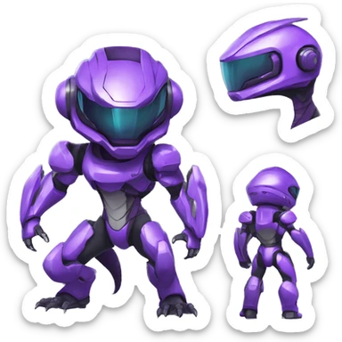 A purple Reptile-Raptor-Genesect-Mewtwo-Fakémon, with a futuristic visor-helmet, wearing a techwear-suit, Full Body sticker