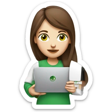 Web designer carrying a pc in her hands. white woman with medium-length brown hair, green eyes and freckles on her nose. sticker