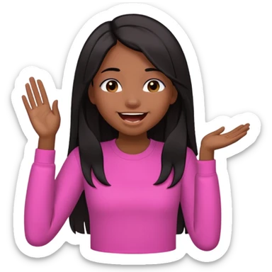 Chocolate brown girl wearing a pink shirt with long straight jet black hair giggling, she has one hand behind her back and one over her mouth  sticker