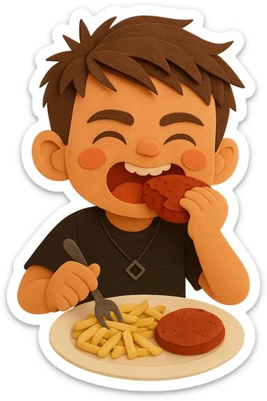 The same boy is now greedily chewing the meat patty sticker