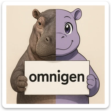 a hippo holding sign of omnigen, half picture hippo is realistic another hald is the anime of that same hippo sticker