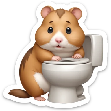 Cute chubby cartoon-style hamster sitting on toilet pooping looking as if he had an accident sticker