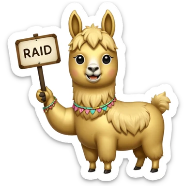 A small golden llama silhouette holding a sign in its teeth that says RAID sticker