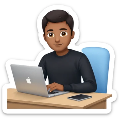 memoji of a man with a laptop, apple-style, modern, dark hair, black sweater, Indian brown skin, holding a computer, sitting at a desk, light blue gradient background sticker
