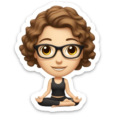 White girl with wavy brown hair, brown eyes and black glasses doing yoga sticker