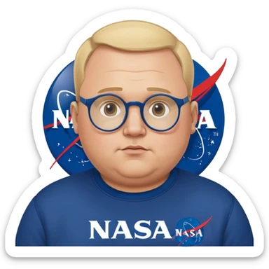 miffed chubby man, with blond short receding hairline, wears a dark blue nasa sweatshirt, nasa logo on the breast, round glasses, 40 years old sticker