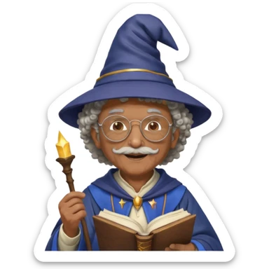 A Joyful Elderly Male with Brown skin and Curly hair, wearing a Traditional outfit, a Wizard hat, Sunglasses, carrying a Spellbook, working as a farmer, while drinking Coffee and reading a Textbook. sticker