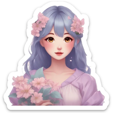 Gorgeous Pastel Anime-Style Lady With Butterflies on face and flower petals around cottage core pastelcore kawaii aesthetic trending style sticker