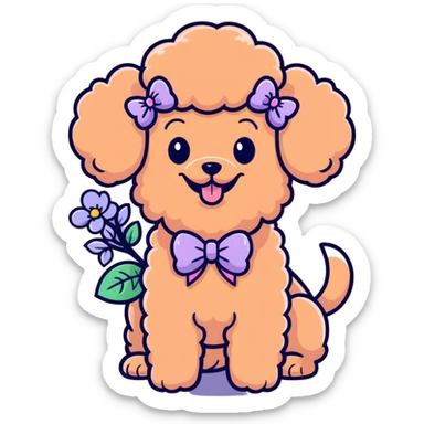 Peach-colored poodle with a narrow, short-haired face, hairstyle like Artemone. Long fluffy ears, each with a thin braid tied with a pink bow at the end. Happy face, smiling. A lilac branch in the mouth. sticker