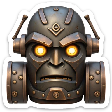 Cinematic Noble Mighty Iron Golem Portrait Emoji Poised and imposing, with a towering, metallic form forged from intricately detailed plates of burnished steel and ancient bronze, etched with faint traces of runes and weathered marks of time. Its piercing, glowing eyes radiate unwavering resolve, casting a solemn and commanding presence; rendered with lifelike texture and natural metallic highlights, high shine, elegant yet indomitable, styled with an aura of legendary endurance, focused and resolute, soft glowing outline, capturing the essence of an eternal guardian, standing vigilant and immovable as if ready to awaken at any moment with unstoppable might! sticker