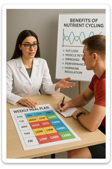 a nutritionist explains to an athlete how to cycle macronutrients for fat loss and training. On the desk, a weekly meal planner shows alternating high-carb and low-carb days, with color-coded sections for proteins, fats, and carbs. The athlete takes notes, and a chart in the background illustrates the benefits of nutrient cycling. The mood is professional and educational. scritto in italiano sticker