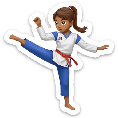 brown-skinned girl with brown hair in a ponytail in a taekwondo uniform, kicking sticker
