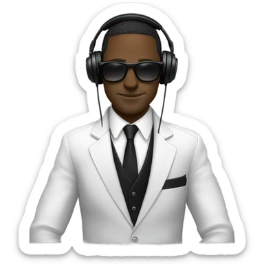 White Man with sunglasses DJ black jacket skinny tie headphones scratching records spinning records sticker