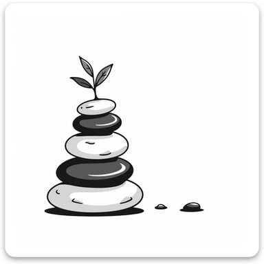 A zen-like balanced stack of smooth stones with a small plant growing beside it, representing balance and stress relief. Simple hand-drawn doodle style. sticker