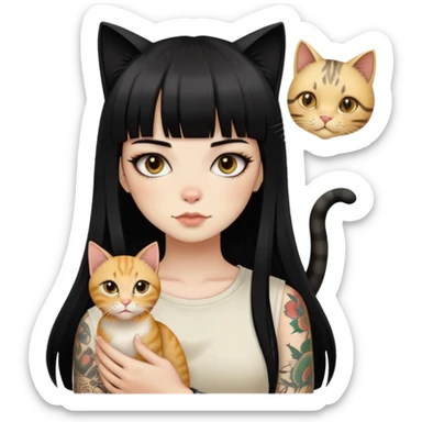 girl with long black  straight bangs hair and tattoos and a golden-shared cat sticker