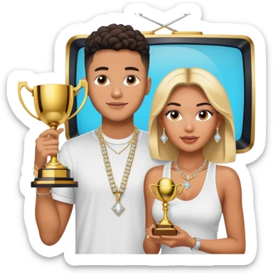 Internet celebrity Josh King Madrid jetset wearing shiny diamond earrings and sparkly iced out diamond tennis necklace chains with Instagram model girl tefi valenzuela sitting with him holding gold internet celebrity trophy on tv show in Miami sticker