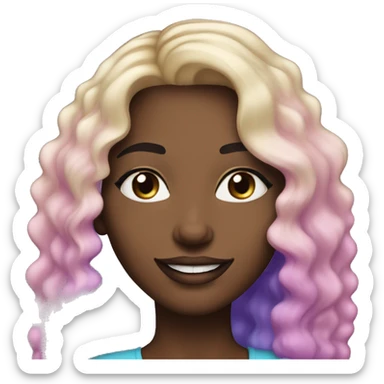 An adult white-skinned woman, with makeup, smiling, face with pink and purple glittery, blue eyes, long wavy ombre hair from brown roots to blonde ends, ring earrings, black T-shirt. sticker
