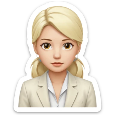 White blonde women with a low ponytail two strands of her in the front a white blouse and white blazer sticker