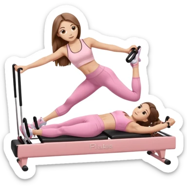 pretty caucasian teen with hazel eyes long brown hair wearing light pink workout clothes doing a plank on a pilates reformer sticker