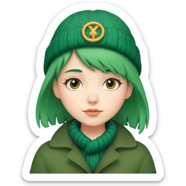 Girl with green hair wearing winter coat and a woolen hat with a relaxed posture and friendly face sticker
