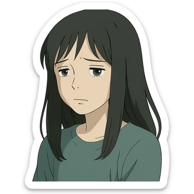 pale girl with long black hair, sad expression, in ghibli style sticker