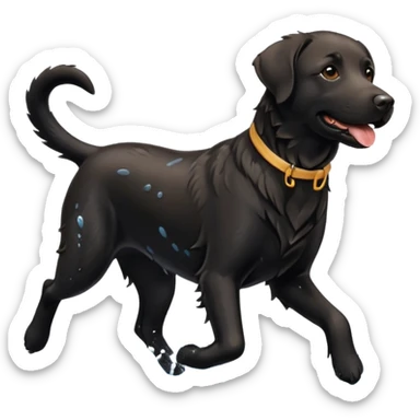 A black Labrador Retriever running through shallow water near a lake, splashing around happily. Natural lighting, motion shot, photorealistic style. sticker