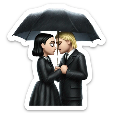 Realistic silkstone Wednesday addams kissing sweetly Kurt Cobain in the rain. sticker