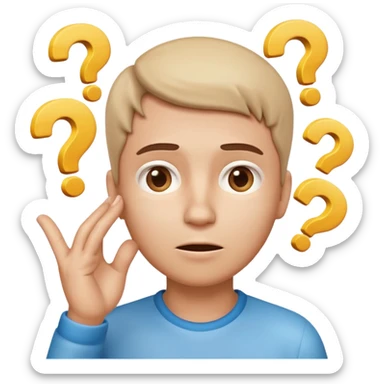 Telegram-style 3D emoji of a confused person, hand on chin, looking up, raised eyebrow, small question marks around head, soft gradient shading, clean rounded design, transparent background. sticker