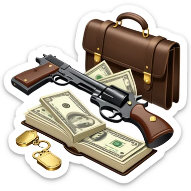 Icon for Action & Crime Reading: open book with text and picture, silhouette of a gun, a bag of money, a police badge. Surrounding elements include a pair of handcuffs, a briefcase and scattered bullet casings. Transparent background. sticker