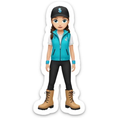 A landscaper in a beautiful turquoise jacket and turquoise rubber boots, black pants, and a black sleeveless shirt. On her head is a black color Swissotel baseball cap. The girl is a brunette with blue eyes. sticker